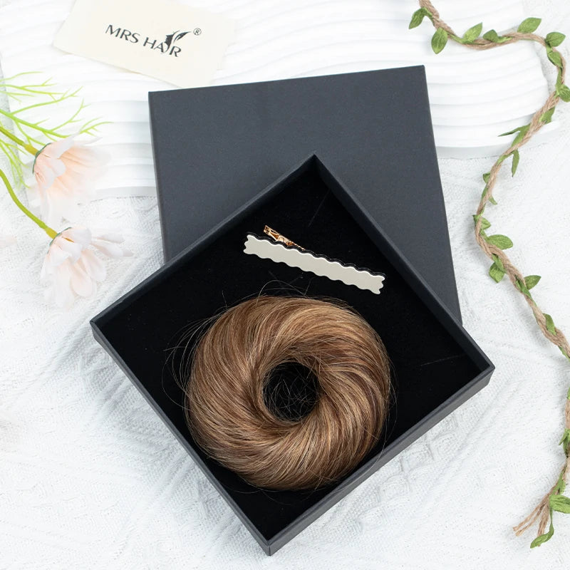 MRS HAIR Human Hair Buns Chignon Ponytail Hairpiece Updo Donut Real Hair Extensions Flexible Elastic Band Brown Blond