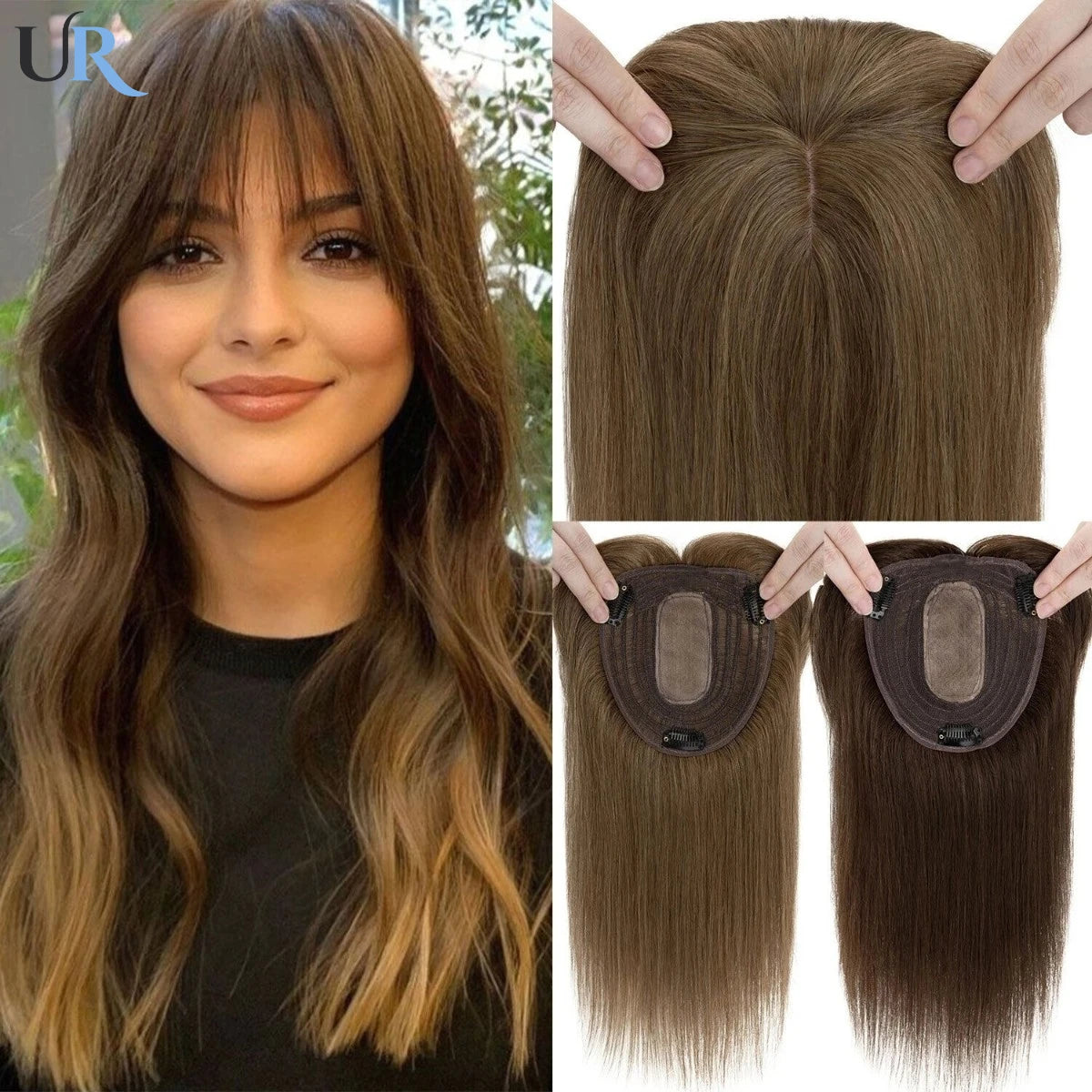 Hair Topper for Women with Bangs 100% Human Hair – Clip-In Hairpiece, Natural Straight Blonde Hair with Silk Base, Premium Quality Wig.