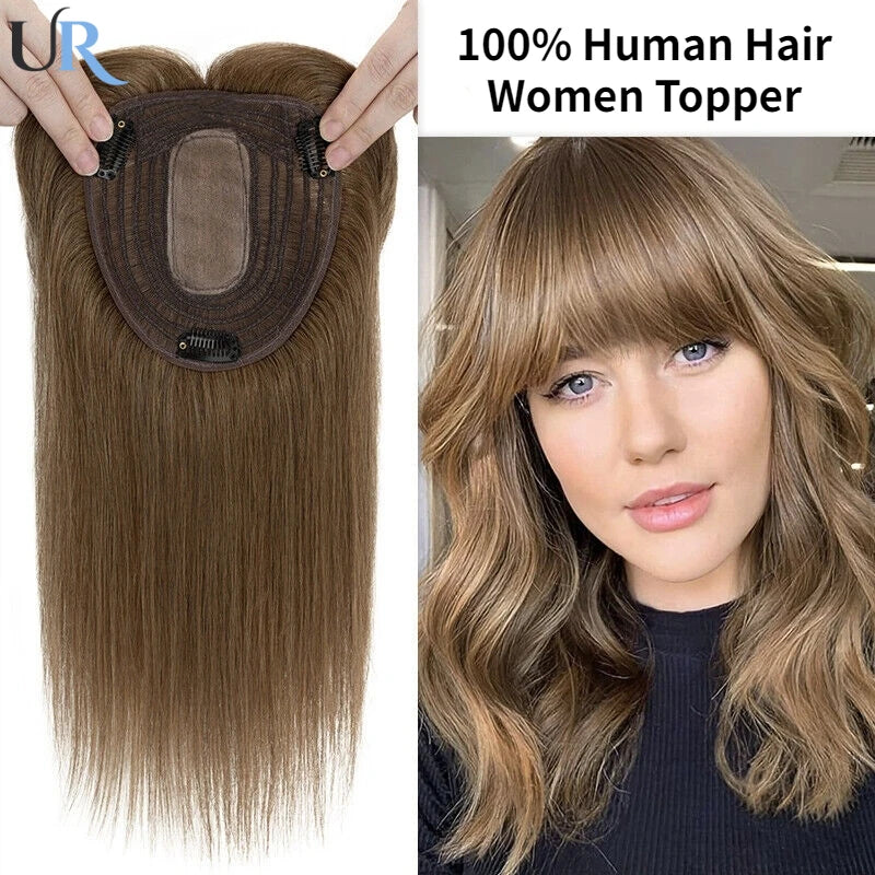 Hair Topper for Women with Bangs 100% Human Hair – Clip-In Hairpiece, Natural Straight Blonde Hair with Silk Base, Premium Quality Wig.