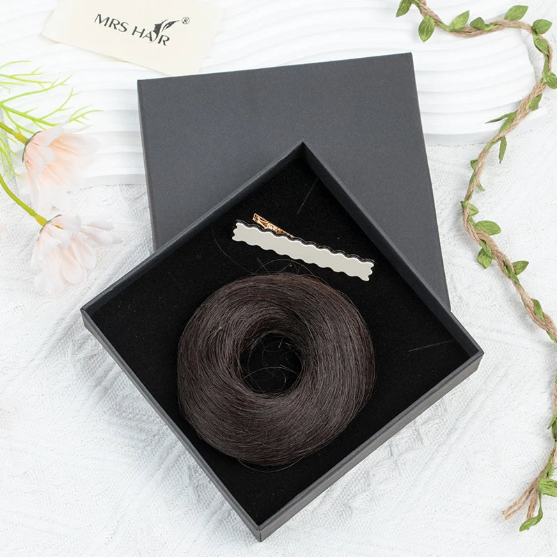 MRS HAIR Human Hair Buns Chignon Ponytail Hairpiece Updo Donut Real Hair Extensions Flexible Elastic Band Brown Blond