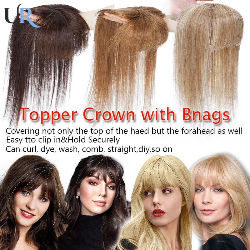 Hair Topper for Women with Bangs 100% Human Hair – Clip-In Hairpiece, Natural Straight Blonde Hair with Silk Base, Premium Quality Wig.