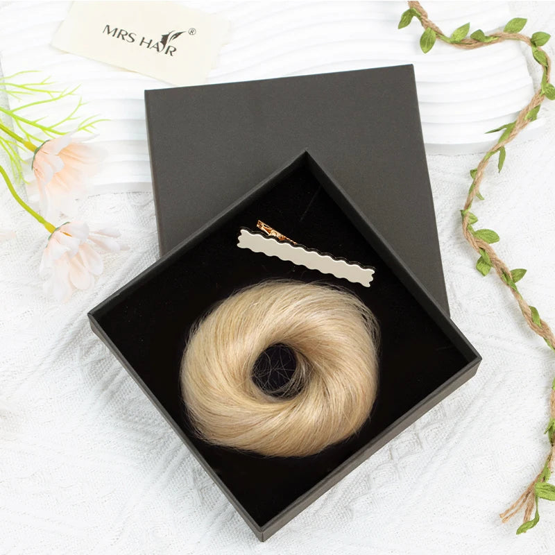 MRS HAIR Human Hair Buns Chignon Ponytail Hairpiece Updo Donut Real Hair Extensions Flexible Elastic Band Brown Blond