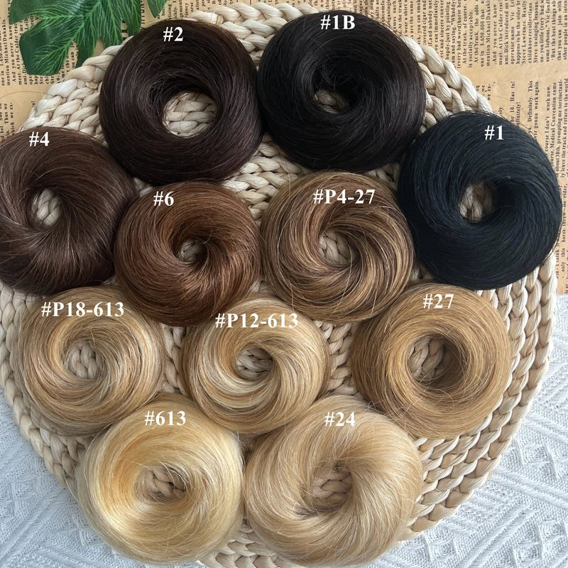 MRS HAIR Human Hair Buns Chignon Ponytail Hairpiece Updo Donut Real Hair Extensions Flexible Elastic Band Brown Blond