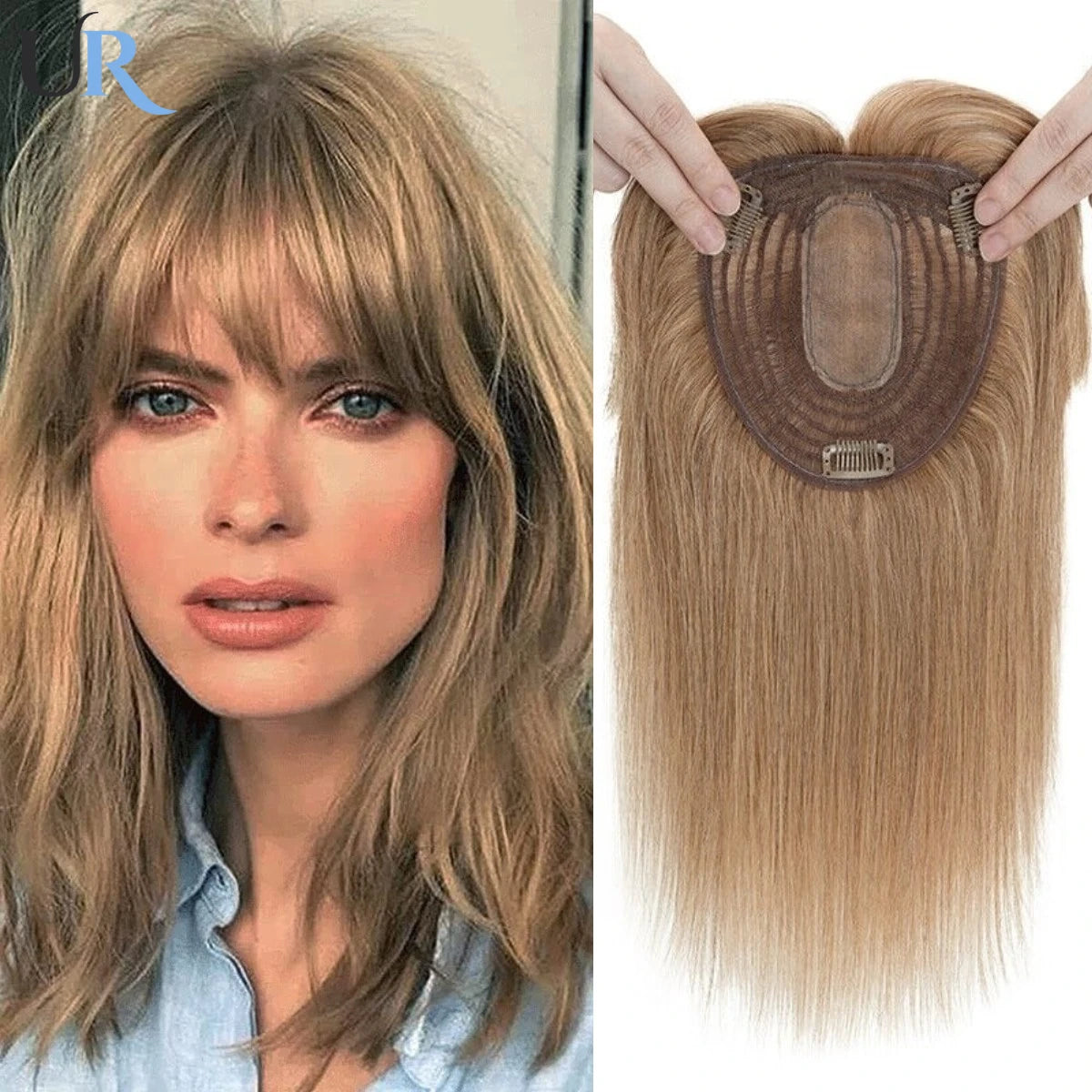 Hair Topper for Women with Bangs 100% Human Hair – Clip-In Hairpiece, Natural Straight Blonde Hair with Silk Base, Premium Quality Wig.