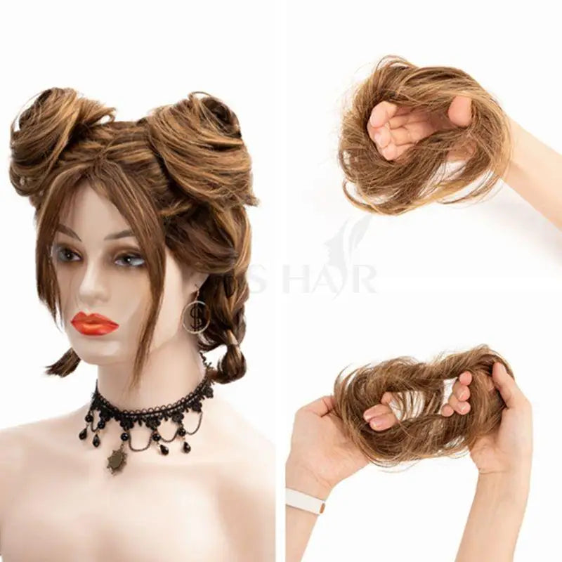 MRS HAIR Human Hair Buns Chignon Ponytail Hairpiece Updo Donut Real Hair Extensions Flexible Elastic Band Brown Blond