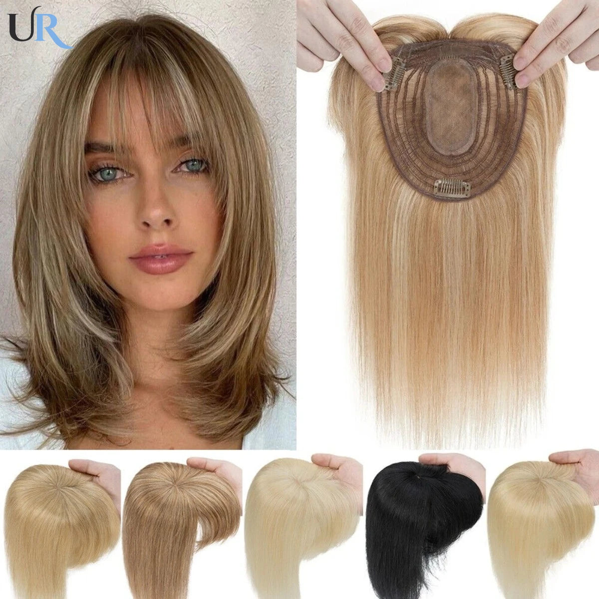 Hair Topper for Women with Bangs 100% Human Hair – Clip-In Hairpiece, Natural Straight Blonde Hair with Silk Base, Premium Quality Wig.