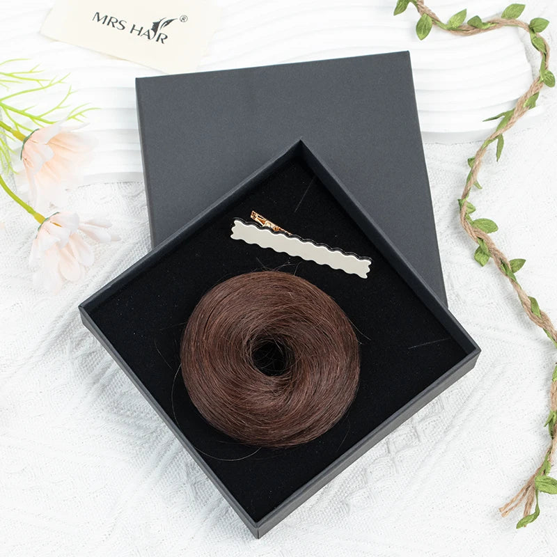 MRS HAIR Human Hair Buns Chignon Ponytail Hairpiece Updo Donut Real Hair Extensions Flexible Elastic Band Brown Blond