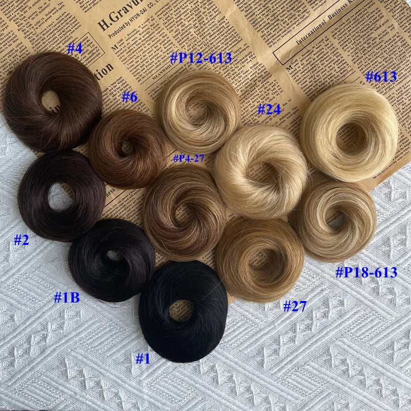 MRS HAIR Human Hair Buns Chignon Ponytail Hairpiece Updo Donut Real Hair Extensions Flexible Elastic Band Brown Blond