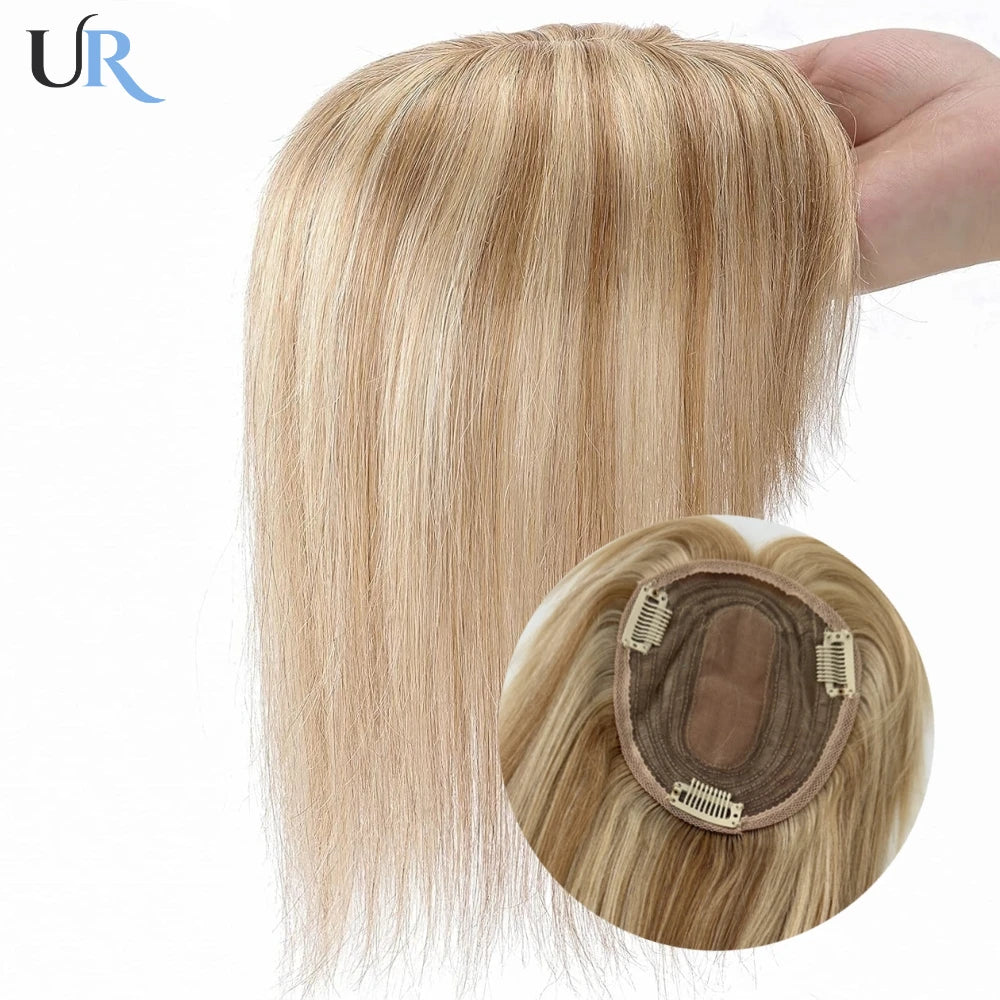 Hair Topper for Women with Bangs 100% Human Hair – Clip-In Hairpiece, Natural Straight Blonde Hair with Silk Base, Premium Quality Wig.