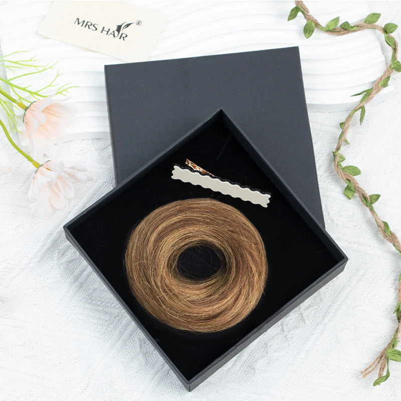 MRS HAIR Human Hair Buns Chignon Ponytail Hairpiece Updo Donut Real Hair Extensions Flexible Elastic Band Brown Blond